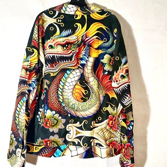 Dragon Cotton Denim Unisex Size XL Jacket Jean Black Hawaiian Shacket Floral